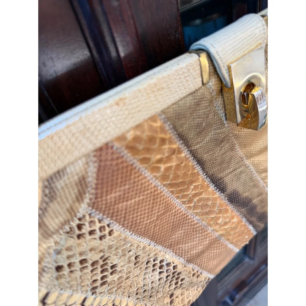 Vintage Snakeskin Patchwork‎ Handbag Gold Frame Exotic Skin Shoulder Bag Tan